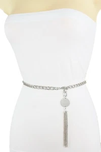 Women Waistband Elegant Look Belt Silver Metal Chain Tassel Circle Charm M L XL - Picture 1 of 12