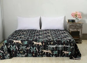 Indian Handmade Kantha Animal Printed Quilt Cotton Bedding Kantha Blanket Black - Picture 1 of 5