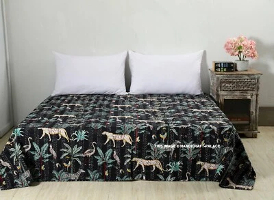 Manta Kantha india hecha a mano con estampado de animales Kantha ropa de cama de algodón negra Foto 1 de 4