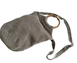 Crossbody Bag Crochet BoHo Chic Woven Zip Closure Lorenzo Wood Handles Khaki - Picture 1 of 12