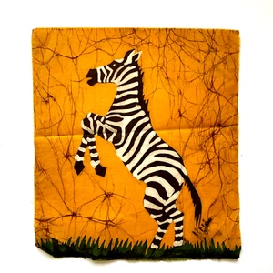 African Batik Zebra Tribal Art Wax Cloth Painting Signed Unframed Vtg 13.5 x 12 - Picture 1 of 4