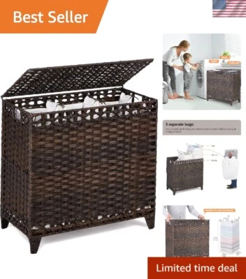 Resistente Cesta de Lavandería 132L con Tapa de Ratán, 3 Bolsas Extraíbles y Pies Elevados Foto 1 de 4