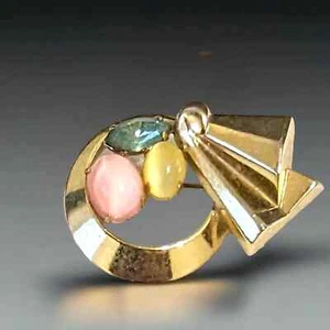Rare Vintage Gold Tone Coro Brooch Pin With 3 Pastel Stones - Signed - Picture 1 of 4