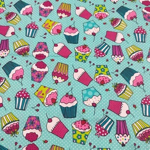 1 Yard Cupcakes Cherries on Mint Polka Dot Cotton Fabric Sweet Desserts - Picture 1 of 4