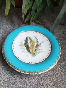 Antique Royal Worcester Hand Painted Plate Stand Flowers Cabinet Blue Gold - Picture 1 of 7