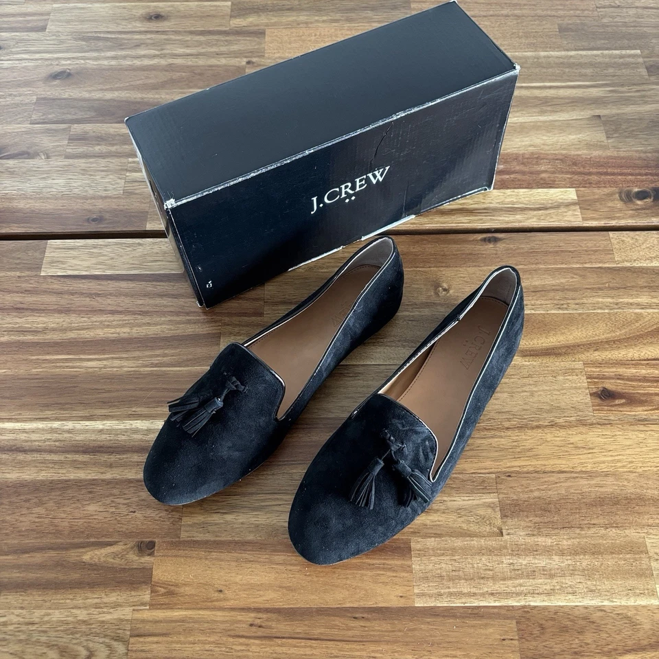 Mocasines J Crew negros borla plana para mujer talla 10 dinero antiguo preppy oficina viaje Foto 1 de 4