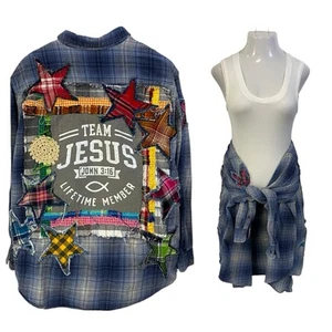 Upcycled Flannel Shirt Womens 1X Christian Religious Shacket Art Blue Cottage - Picture 1 of 19