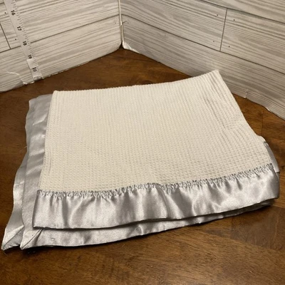 Starting Out Silver Gray Waffle Weave Baby Blanket Satin Trim 34x50 Lovey A8 - Image 1 of 4
