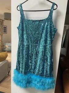 Turquoise Sequin Boohoo Dress Size 16 Sleeveless Feather Trim - Picture 1 of 2