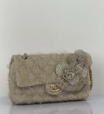 CHANEL Taupe Linen Quilted Camelia Straw Jute Raffia Medium Flap Shoulder Bag B8 - Image 1 of 4