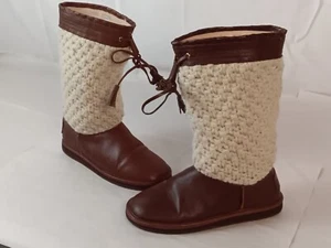 Michael Kors Brown Leather & Cream Knit Womens Boots Size 9M With Tassel Lace - Picture 1 of 15