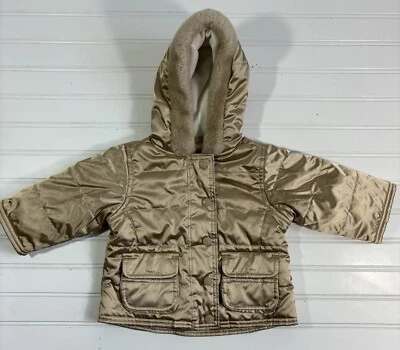 Baby Gap Infant Jacket Coat 6-12 Month Metallic Gold Faux Fur Hood Full Zip Snap - Image 1 of 4