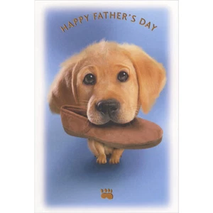 Photo of Cute Puppy Holding Brown Slipper in Mouth Father's Day Card from Dog - Picture 1 of 2
