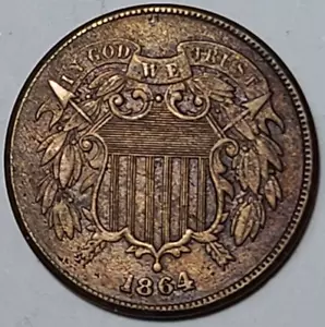 1864 Two 2 Cent Piece UNCIRCULATED MS BN - Large Motto DT44B - Picture 1 of 7