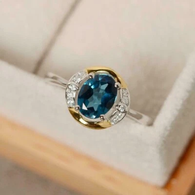 3 Ct Oval Cut Lab-Created Blue Topaz &Diamond Halo Ring 14k Two Tone Gold Plated - Image 1 of 4