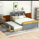 Full Size Bed Frame W/Bookcase Headboard/Trundle /3 Storage Drawers Usb/Led Grey