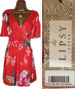 Lipsy Floral Wrap Dress 12 Red Party Skater Casual Jersey Summer Short Sleeve - Picture 1 of 17