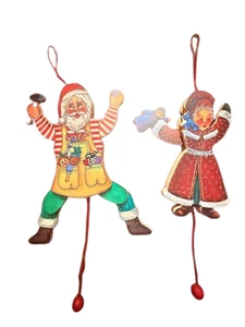 Vtg Set Wooden Santa & Mrs Claus Pull String Ornament Christmas Toys Tree Decor - Picture 1 of 8