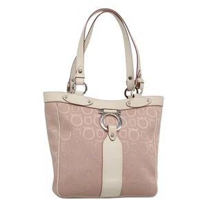 Salvatore Ferragamo Gancini Tote Bag Canvas Leather Pink Silver Auth BA3467 - Picture 1 of 21