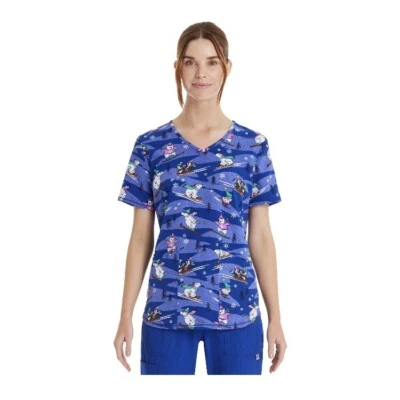 Scrubstar Scrub Top Shirt 3XL Women Chillin Christmas Winter Bear Blue Pocket - Image 1 of 4