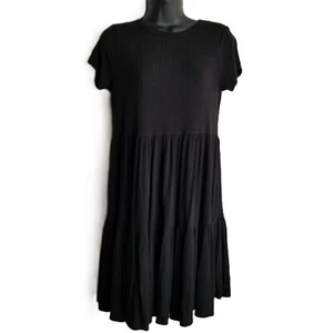 See You Monday Black Ribbed Tiered Dress Sz L Textured Dark Academia Whimsy Goth - Picture 1 of 6