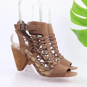 Vince Camuto Evel Sandal Women's Size 9.5 Cone Heel Tan Leather Caged Strappy - Picture 1 of 15
