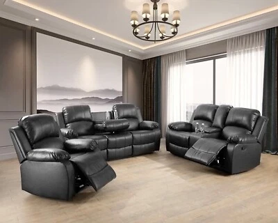 NEW 3PC Sofa Loveseat Chair Black Leather Living Room 5-Seater Recliners Set - Image 1 of 4