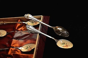 VINTAGE SET OF 6 JOUIR FLEUR SILVER PLATED/PORCELAIN CLOISONNE TEASPOONS - Picture 1 of 8