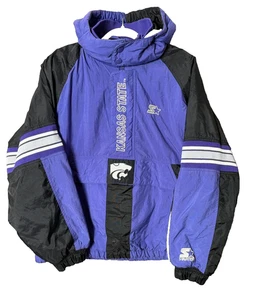 Kansas State Wildcats Vintage Starter Hooded Puffer Jacket Purple Black Large - Picture 1 of 9