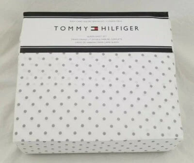 Juego de sábanas Tommy Hilfiger de 4 piezas blancas y grises Dots Queen NUEVO EN PAQUETE Foto 1 de 4
