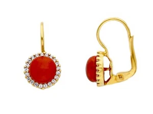 Yellow Gold Earrings Or White, 18K, Red Coral And Frame Cubic Zircon - Picture 1 of 6