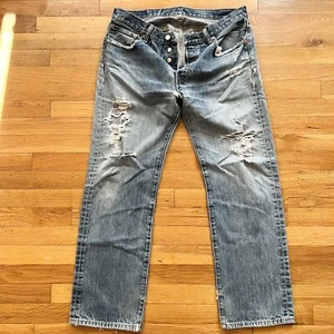 Levi's 501 Button Fly Jeans Men's W34 x L29 Light Blue Distressed Classic Fit - Picture 1 of 11