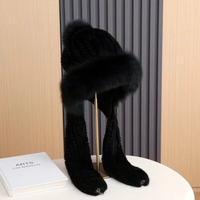 Conjunto de bufanda sombrero de piel de visón real para mujer sombrero de bombín gorra cálida capa larga cuello raspado Foto 1 de 4