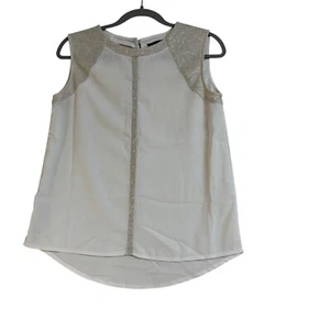 Caroline Morgan Top Size 8 White Metallic Trim Sleeveless Hi Low Hem Sheer - Picture 1 of 18