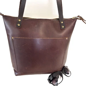 *Authentic PORTLAND LEATHER GOODS Purse Tote Zip Top Tote Brown - Picture 1 of 11