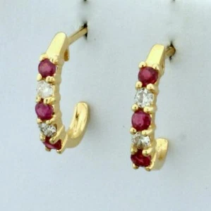0.30 CT Real Ruby & Diamond Half Hoop Stud Earrings Yellow Gold Plated Silver - Picture 1 of 4