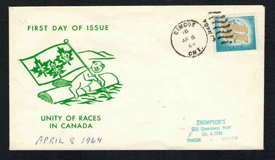 Canadá #416, 1963 5¢ Castor de la Paz Mundial en tronco con bandera Averill cachet FDC Foto 1 de 1