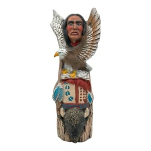 Vintage Ceramic Figurine Native American Indian Warrior/Buffalo Totem Pole  10”T - Picture 1 of 12