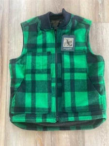 New FILSON Lined Mackinaw Wool Work Vest Sherpa Lining M Acid Green Plaid - Picture 1 of 7