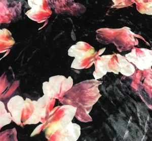 Black & Pink Magnolia Floral - Stretch Polyester Velvet Fabric - Picture 1 of 3