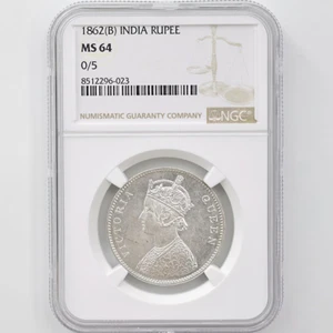 1862 (B) British India Queen Victoria 1 Rupee 11.66g Silver Coin NGC MS 64 0/5 - Picture 1 of 4