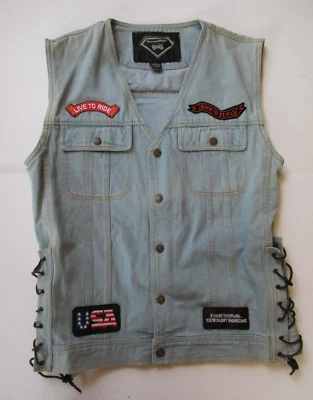 Vintage Diamond Plate Denim Biker Vest Eagle Patches  USA Flag Large - Image 1 of 4