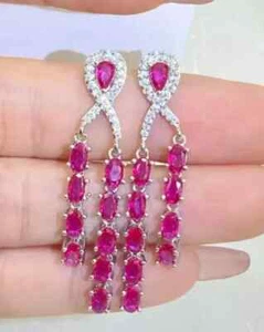 14K White Gold Plated 3Ct Oval Lab Created Pink Ruby Women's Drop Dangle Earring - Picture 1 of 4