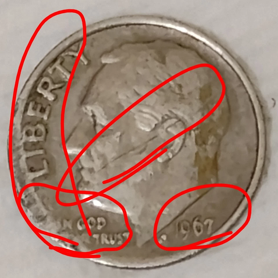 1967 roosevelt dime no mint mark damage coin circulated - Image 1 of 4