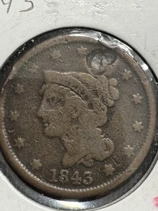 1843 großer Cent, geflochtener Haartyp, beschädigt, 99c Versand - Bild 1 von 2