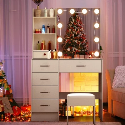 Escritorio tocador blanco con luces espejo tocador escritorio de maquillaje con 5 cajones y taburete Foto 1 de 4