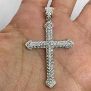 2Ct Round Cut Real Moissanite Cross Men's Charm Pendant 14K White Gold Plated - Picture 1 of 6