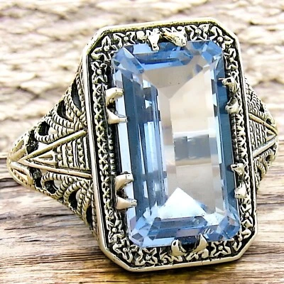 ANILLO TOPACIO SIMULADO AZUL CIELO 6 QUILATES PLATA ESTERLINA 925 ESTILO ANTIGUO #524 Foto 1 de 3