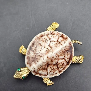Vintage Turtle Brooch Ceramic Green Eyes Gold Tone - Picture 1 of 6