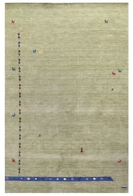 Зеленый шерстяной небольшой ковер ручной работы Gabbeh 5X8 с дизайном для девочек и коз - Изображение 1 из 4